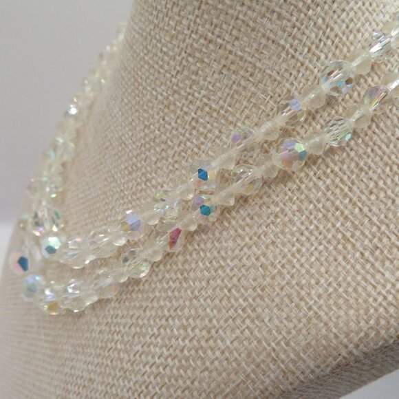 Vintage Aurora Borealis AB Faceted Crystal Double Strand Choker Style Necklace - Picture 4 of 13